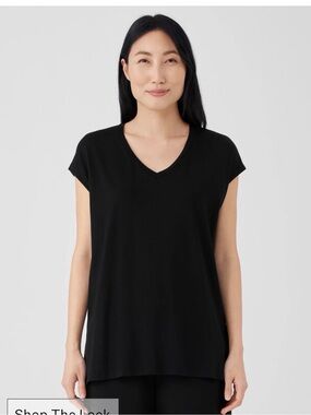 Eileen Fisher fine jersey V-neck top features a relaxed boxy fit Black Sz Small